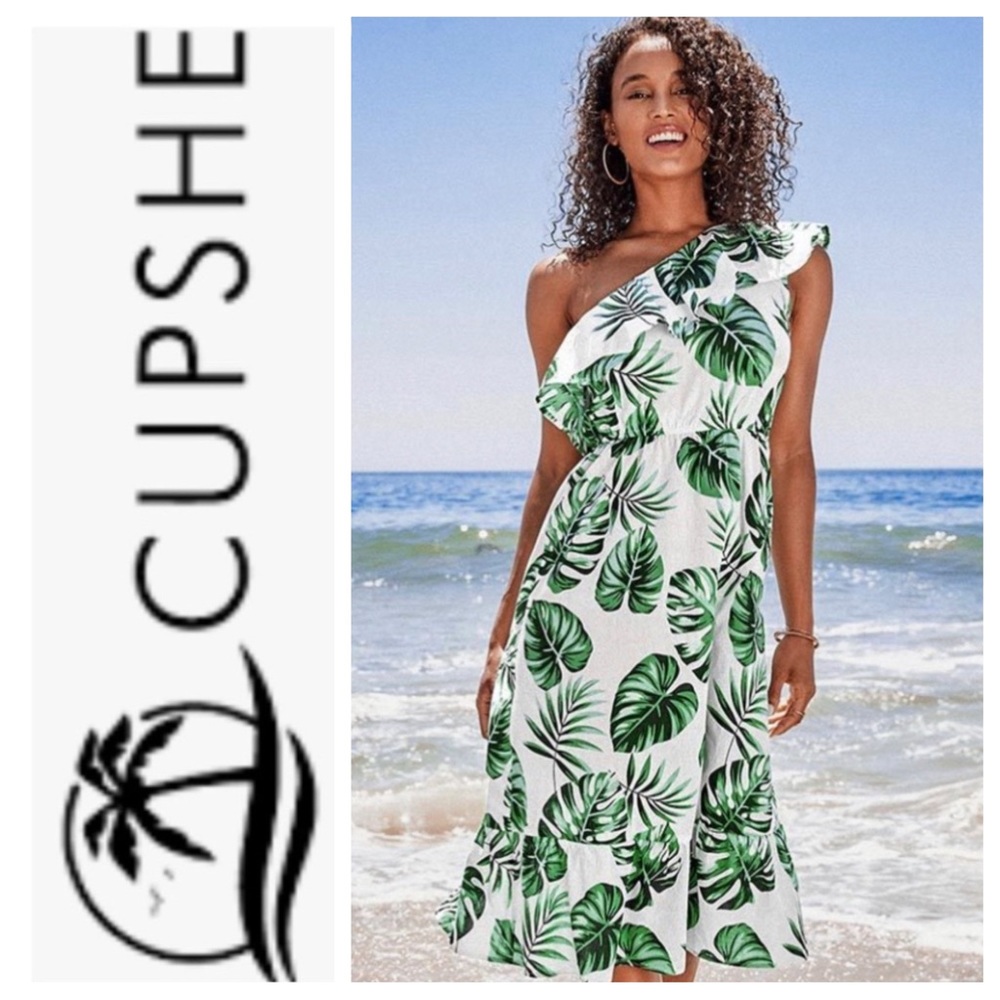 Cupshe Leaf print one shoulder ruffle midi dress size medium